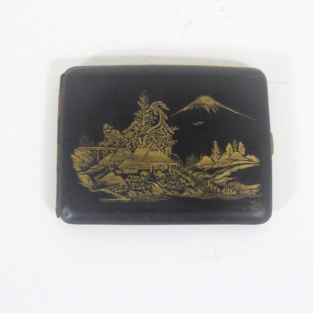 Vintage Japanese Gold and Black Cigarette Case Damascene Stash Box